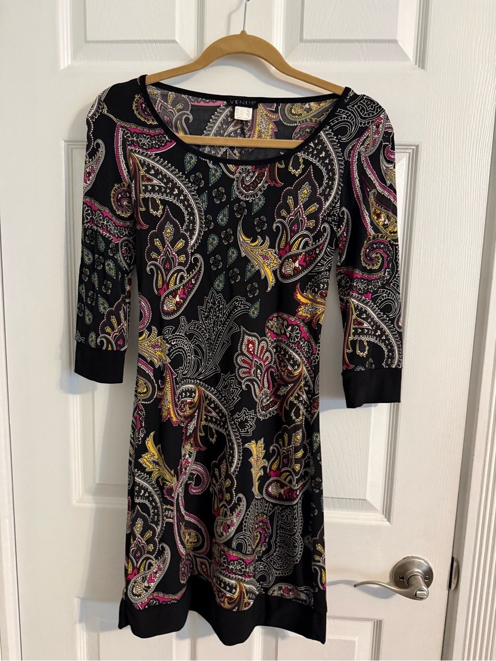 VENUS Black Paisley Scoop Neck Dress with Pink & Gold Accents
